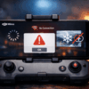 Смартфон в пульте DJI Osmo с экраном приложения DJI Mimo, показывающим ошибки соединения, загрузки и экспорта видео.