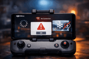 Смартфон в пульте DJI Osmo с экраном приложения DJI Mimo, показывающим ошибки соединения, загрузки и экспорта видео.