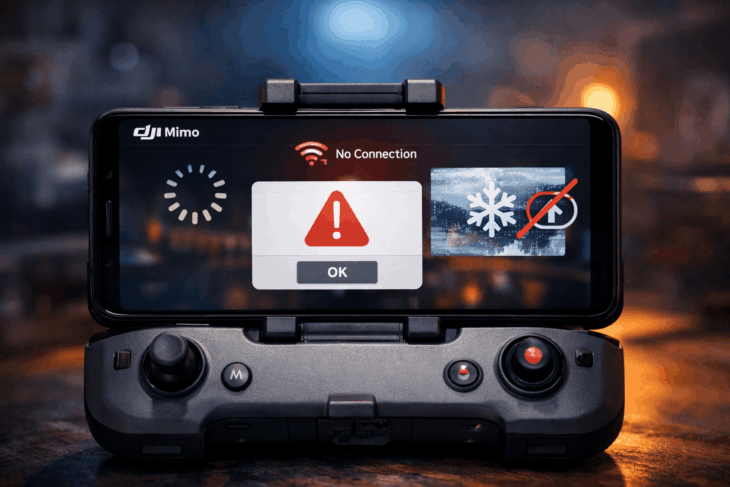 Смартфон в пульте DJI Osmo с экраном приложения DJI Mimo, показывающим ошибки соединения, загрузки и экспорта видео.