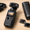 Компактная камера DJI Osmo Pocket 4 и аксессуары на светлом деревянном столе.