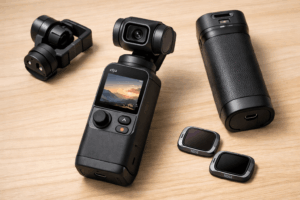 Компактная камера DJI Osmo Pocket 4 и аксессуары на светлом деревянном столе.