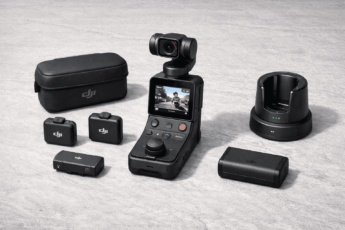 DJI Osmo Pocket 3 Creator Combo с комплектом аксессуаров: микрофон, аккумулятор, чехол и док-станция.